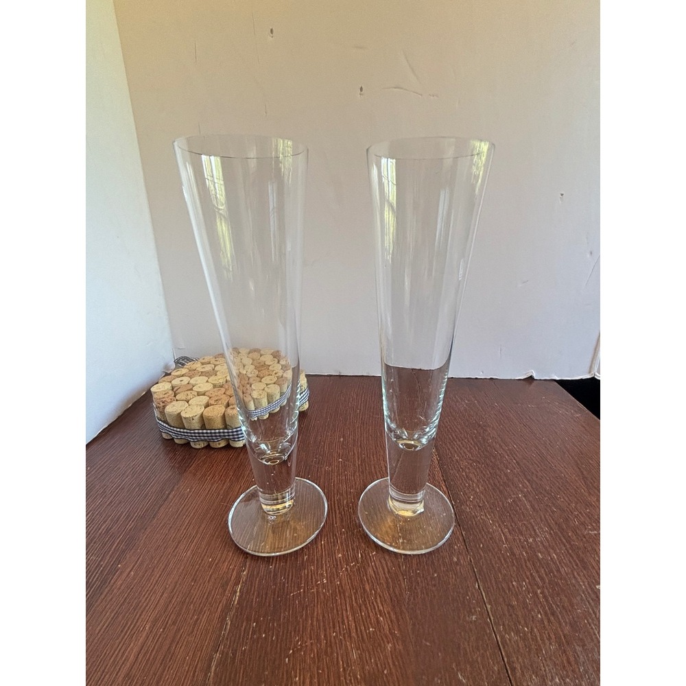 Set of 2 Tall Tapered Glass Champagne Flutes Minimalist Wedding Toasting Glasses